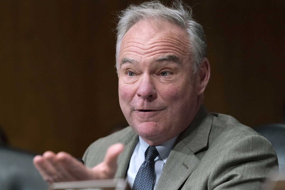 <i>Jose Luis Magana/AP/FILE</i><br/>Sen. Tim Kaine speaks in Washington on June 8. Kaine said September 3 “there’s a powerful argument to be made” for barring Donald Trump from the presidential ballot based on the 14th Amendment’s ban on insurrectionists holding public office.