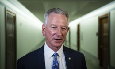 Sen. Tommy Tuberville speaks to media before a Senate Armed Services Committee hearing on the conflict in Ukraine at the US Capitol in Washington.