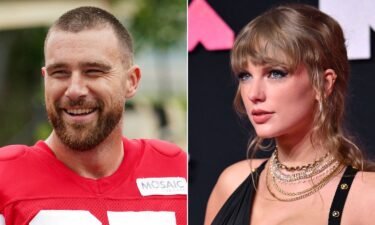 Travis Kelce (left) talked Taylor Swift (right) on his podcast.