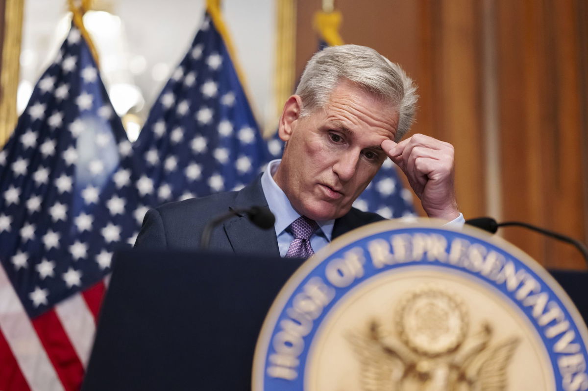 <i>Craig Hudson/SIPA/AP</i><br/>Former House Speaker Kevin McCarthy speaks after being outed from his position as speaker earlier in the day at the US Capitol in Washington