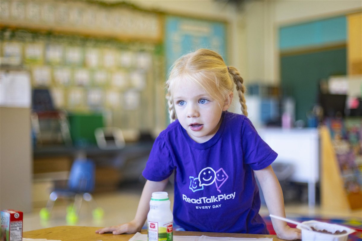 Emery Lankford, a 4-year-old preschooler at Hillcrest Developmental Preschool, takes a break from schoolwork to eat lunch. The one-stoplight farming community in conservative Idaho has embraced a goal that backers describe as progressive: universal preschool.