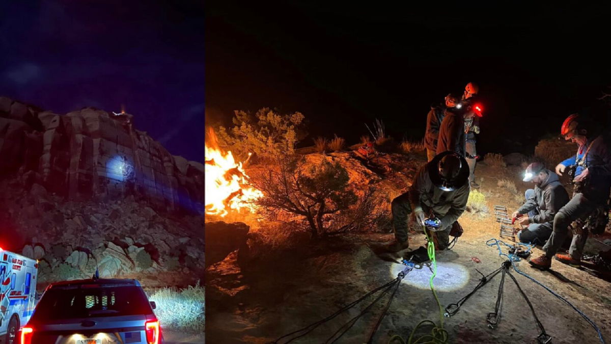 <i>San Juan County Search and Rescue/KSTU</i><br/>A man was stuck for around 12 hours on a San Juan County cliff face after his knee got stuck in a crack of a climbing route Friday night.