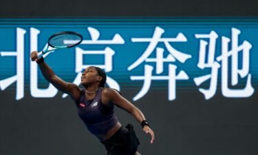 Gauff plays a return against Ekaterina Alexandrova at the China Open in Beijing.