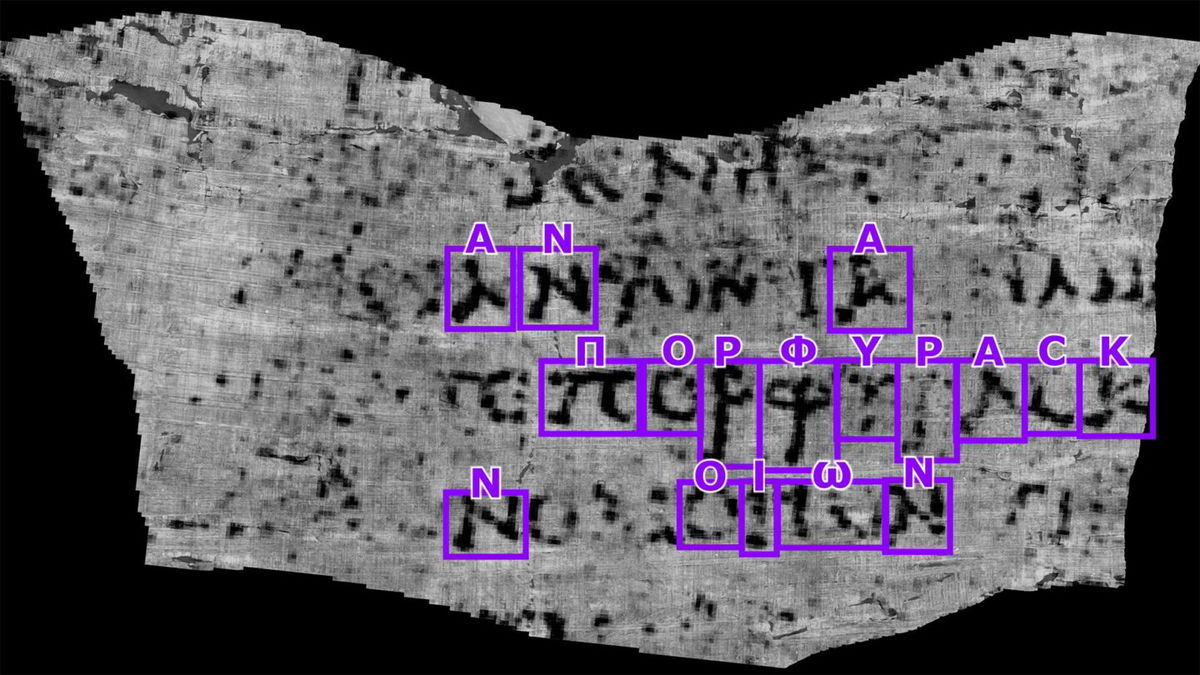 The letters found were “πορφυρας” which is the Greek word “porphyras