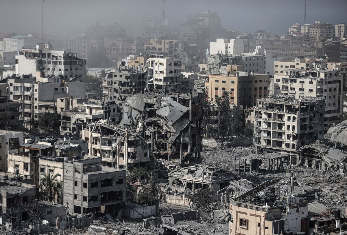 <i>Ali Jadallah/Anadolu Agency/Getty Images</i><br/>A view of damaged buildings as the Israeli airstrikes continue on its 16th day in Gaza City