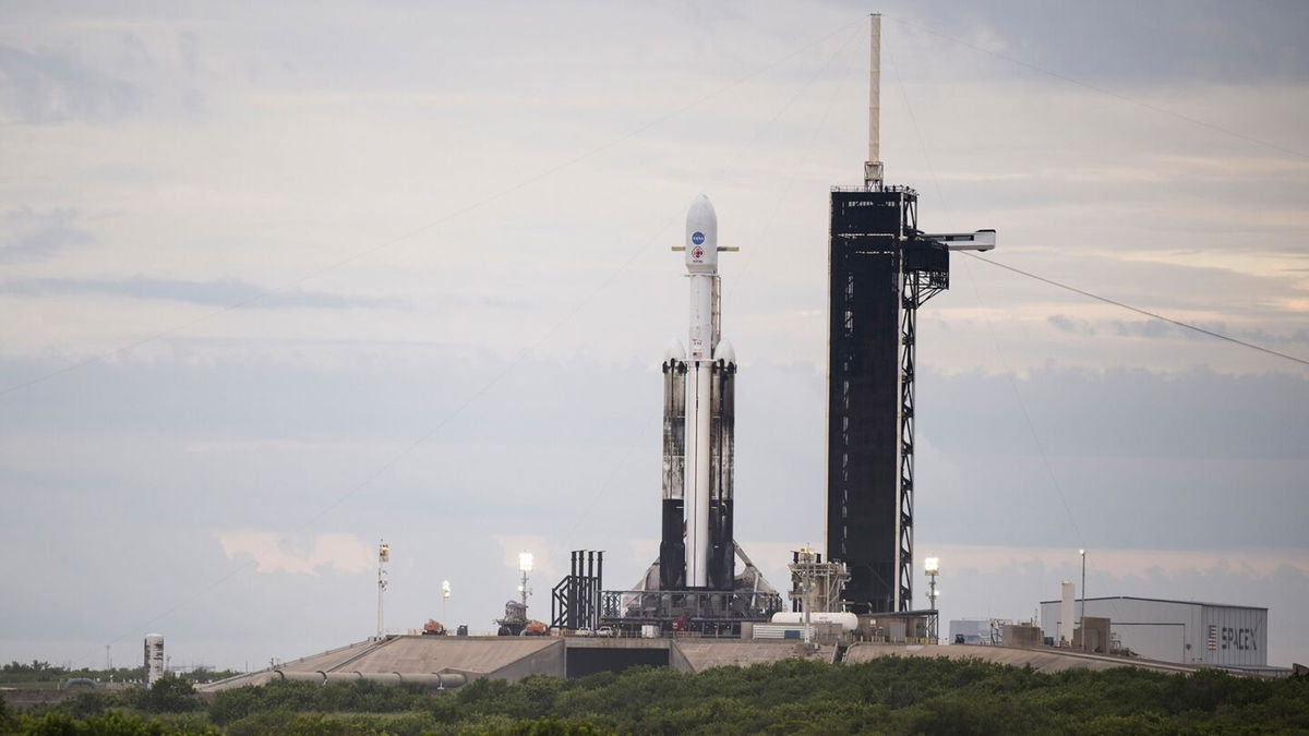 <i>Aubrey Gemignani/NASA</i><br/>A SpaceX Falcon Heavy rocket with the Psyche spacecraft onboard is seen at Launch Complex 39A as preparations continue for the Psyche mission