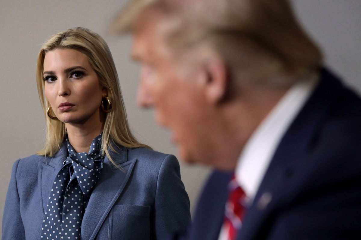 <i>Alex Wong/Getty Images</i><br/>President Donald Trump speaks as his daughter and senior adviser Ivanka Trump looks on during a news briefing at the White House March 20