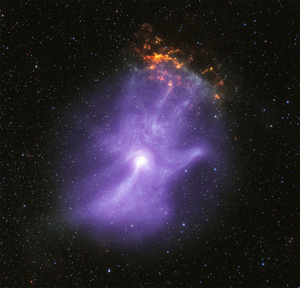 Data from NASA's Chandra X-ray Observatory and the Imaging X-ray Polarimetry Explorer contributed to this composite image of a nebula that resembles a glowing hand.