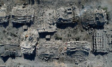 An aerial view of residential buildings destroyed in Israeli airstrikes in Zahra City