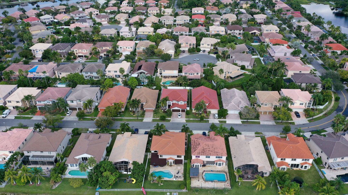 In this aerial view, single family homes are shown in a residential neighborhood on October 27, 2022 in Miramar, Florida.