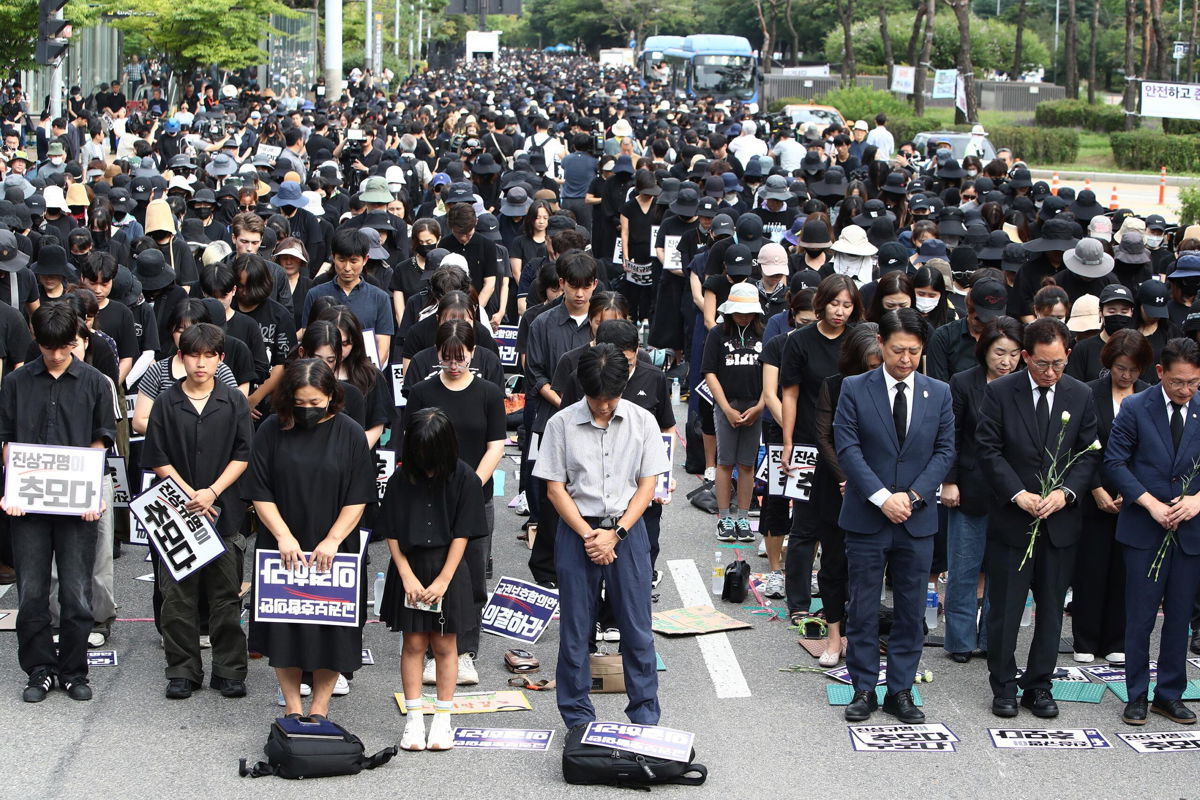<i>Chung Sung-Jun/Getty Images</i><br/>South Korean teachers rally in front of the National Assembly in Seoul on September 4.