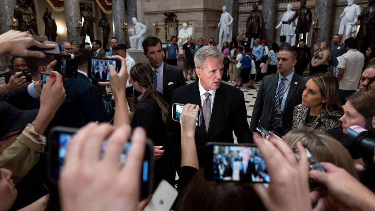 <i>Anna Moneymaker/Getty Images</i><br/>House Speaker Kevin McCarthy talks to reporters inside the Capitol Building on Monday in Washington