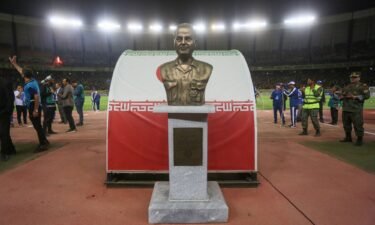 A bust of slain Revolutionary Guards commander Qasem Soleimani  at the Naghsh-e Jahan Stadium in Isfahan on Monday