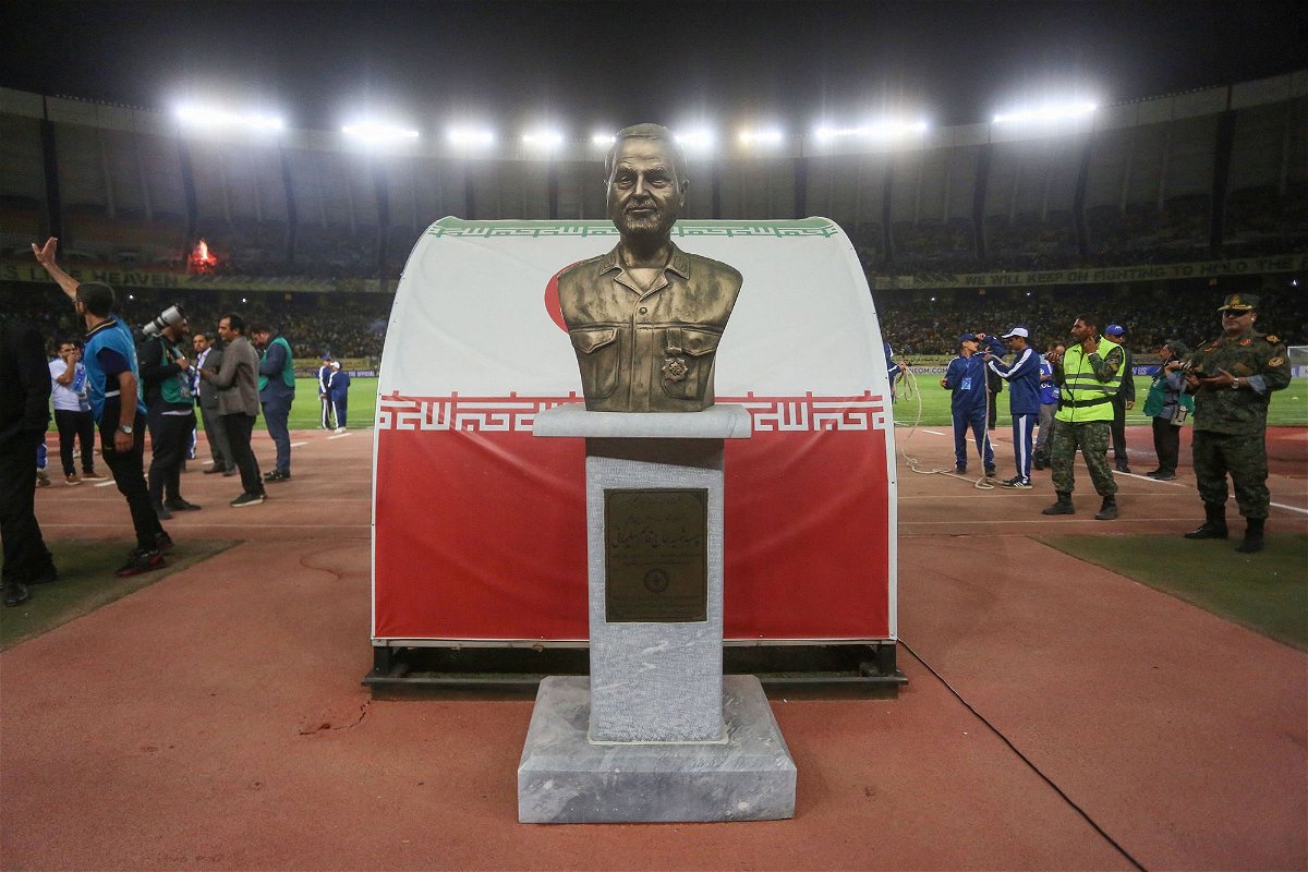 <i>Morteza Salehi/AFP/Getty Images</i><br/>A bust of slain Revolutionary Guards commander Qasem Soleimani  at the Naghsh-e Jahan Stadium in Isfahan on Monday