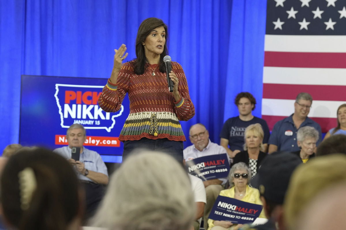 <i>Meg Kinnard/AP</i><br/>Republican presidential hopeful and former South Carolina Gov. Nikki Haley speaks at a campaign event on September 30