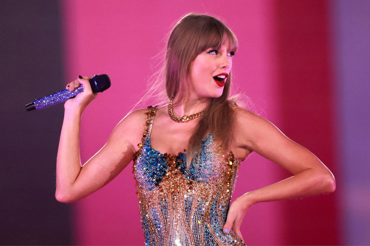 <i>Michael Tran/AFP/Getty Images</i><br/>US singer-songwriter Taylor Swift performs during her Eras Tour at Sofi stadium in Inglewood