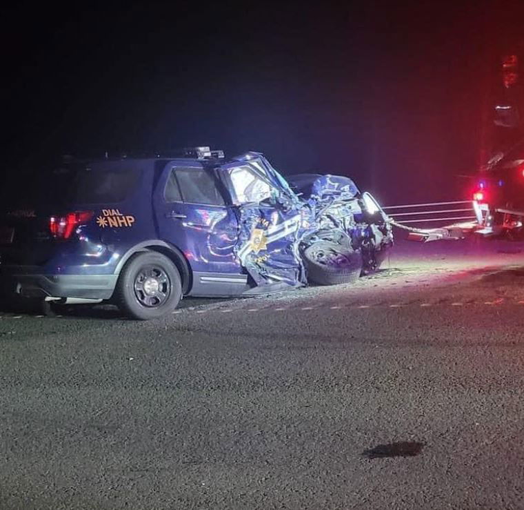 <i>Nevada State Police/KVVU</i><br/>A Nevada State Police trooper was injured when he used his own patrol vehicle to stop a wrong-way driver.