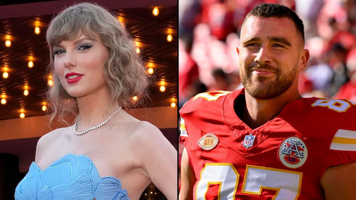 Taylor Swift and Travis Kelce are pictured in a split image.