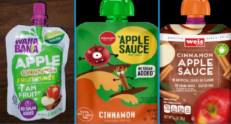 The FDA recalled certain apple puree and applesauce products from three brands of fruit pouches: WanaBana apple cinnamon fruit puree pouches, Schnucks brand cinnamon-flavored applesauce pouches and variety pack, Weis brand cinnamon applesauce pouches.