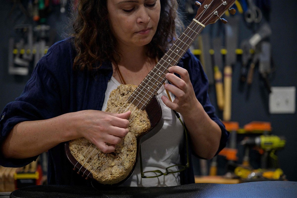 Rachel Rosenkrantz playing a mycelium ukulele.