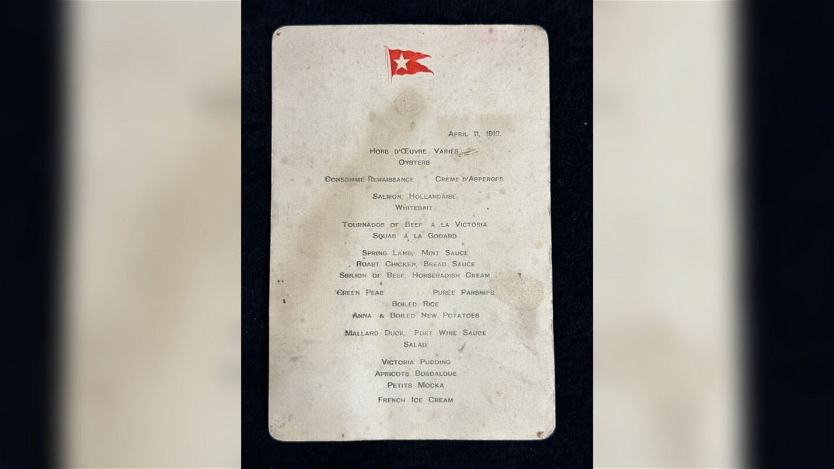 The water-stained menu for Titanic's first-class passengers