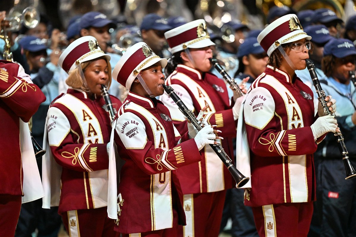 Members of the Alabama A&M University Marching Maroon & White band perform during The HBCU Culture Homecoming Fest & Battle Of The Bands MLK Weekend Edition on January 15, in Atlanta.