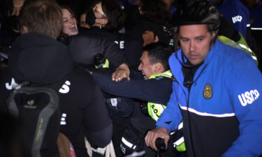 Members of US Capitol Police pull protesters away from the headquarters of the Democratic National Committee during a demonstration against the war between Israel and Hamas on November 15