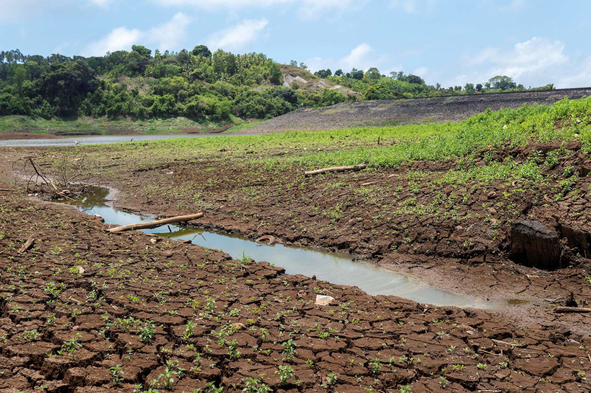 A dried up reservoir in Dzoumogne on the French Indian Ocean island of Mayotte on October 15, 2023.