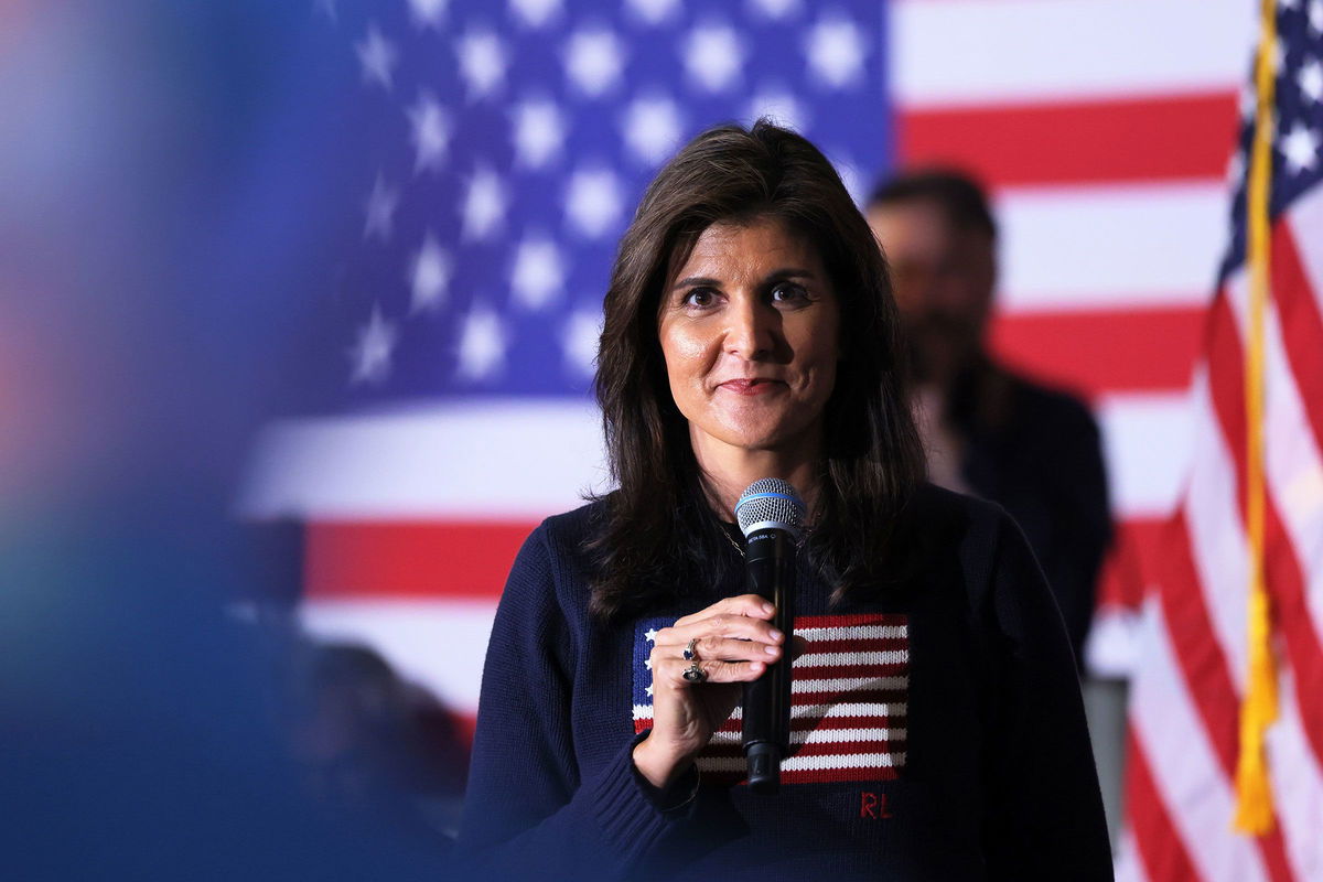 <i>Michael M. Santiago/Getty Images/File</i><br/>Republican presidential candidate Nikki Haley takes a question from an audience member during a town hall at Rochester American Legion Post #7 on October 12 in Rochester