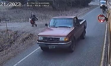 Authorities in Pine County are asking for the public's help in locating a driver in a Ford Ranger truck who nearly hit students leaving a school bus.