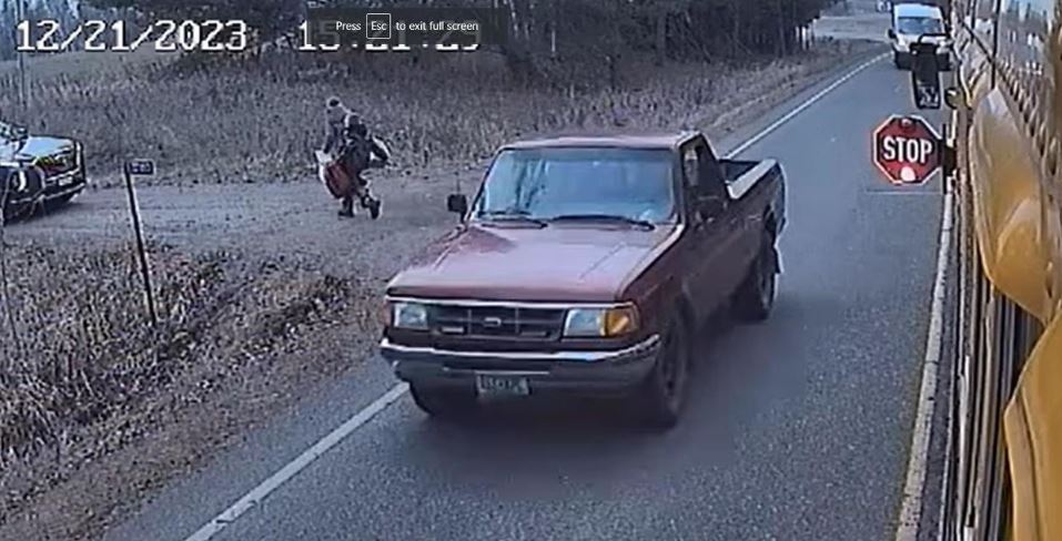 <i>PINE COUNTY SHERIFF/WCCO</i><br/>Authorities in Pine County are asking for the public's help in locating a driver in a Ford Ranger truck who nearly hit students leaving a school bus.