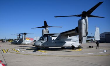 Two US Navy Bell-Boeing V-22 Osprey aircraft are shown at Riga Airport in Latvia on September 18.