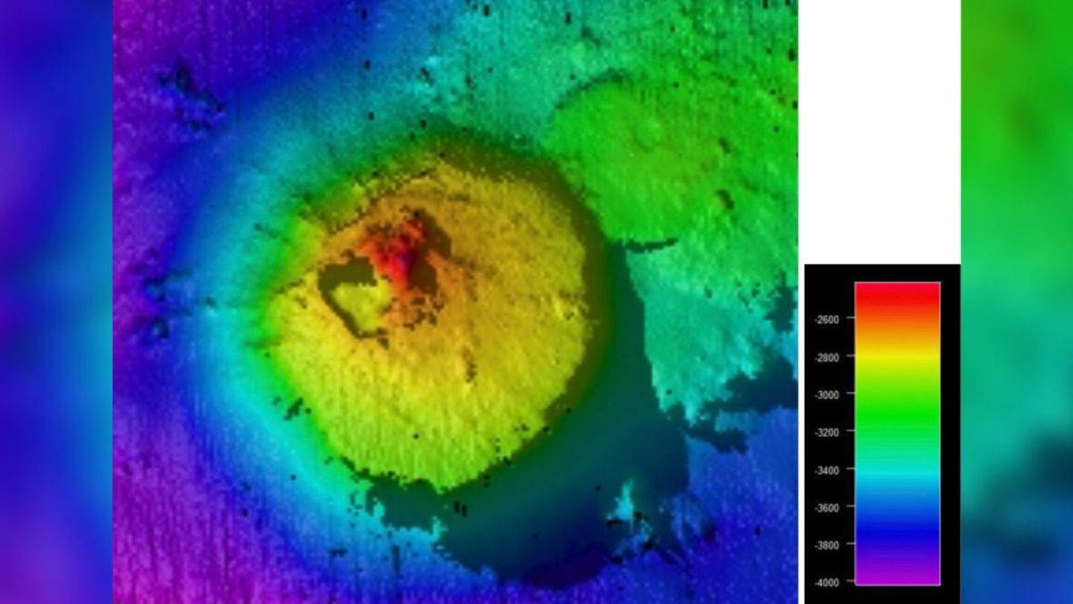 <i>Schmidt Ocean Institute</i><br/>Color-graded bathymetry of the seamount that has been discovered off the coast of Guatemala. The seamount is 1