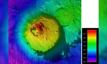 Color-graded bathymetry of the seamount that has been discovered off the coast of Guatemala. The seamount is 1