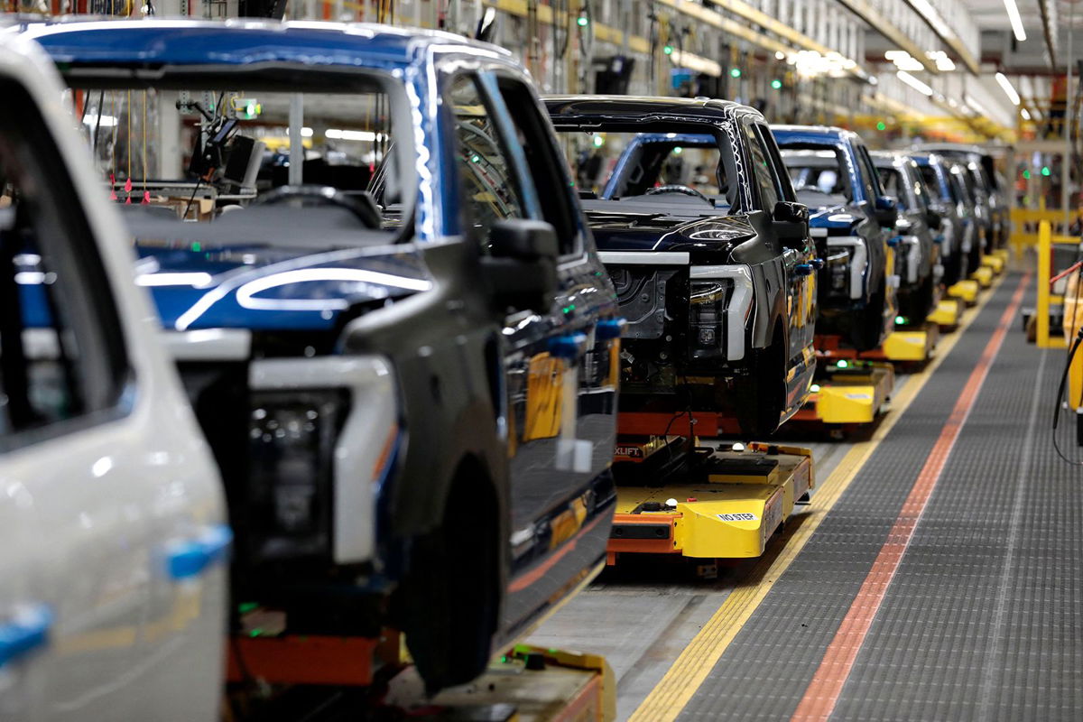 Ford's electric F-150 Lightning on the production line at a facility in Dearborn, Michigan.