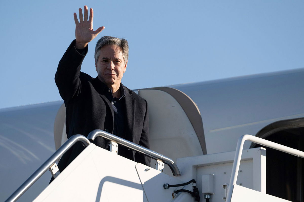 <i>Saul Loeb/AP</i><br/>Secretary of State Antony Blinken boards his aircraft prior to departure to Brussels