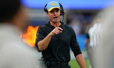 Brandon Staley gestures during the first half of the Los Angeles Chargers' game against the Denver Broncos.