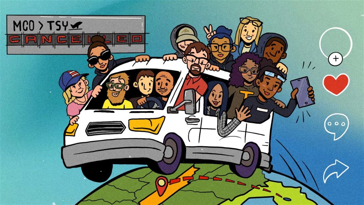 Thirteen stranded strangers, depicted here in an illustration by CNN's Leah Abucayan, rented a van together in December of 2022 to get to their destination after their flight was canceled. Many of them ended up staying in touch.