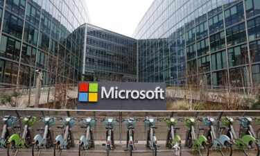 Velib bicycles are parked in front of the the U.S. computer and micro-computing company headquarters Microsoft on January 25