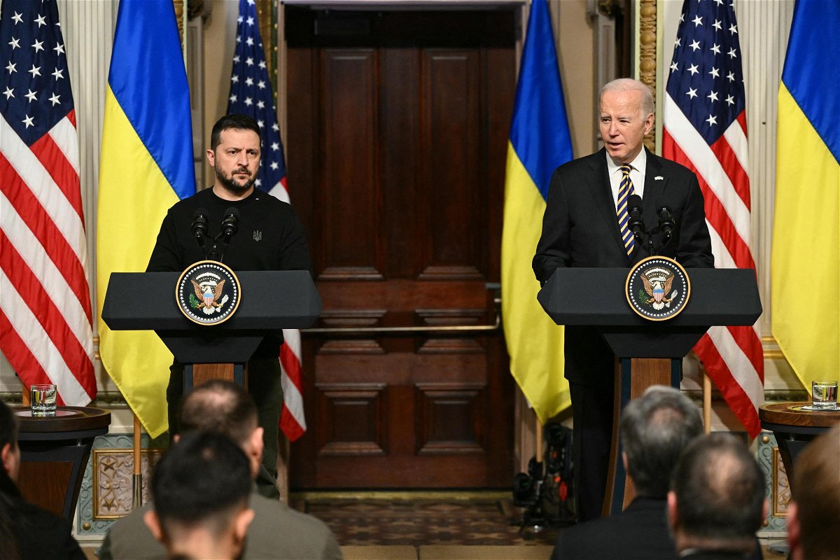 <i>Mandel Ngan/AFP/Getty Images</i><br/>President Joe Biden and Ukraine's President Volodymyr Zelensky hold a joint news conference in Washington