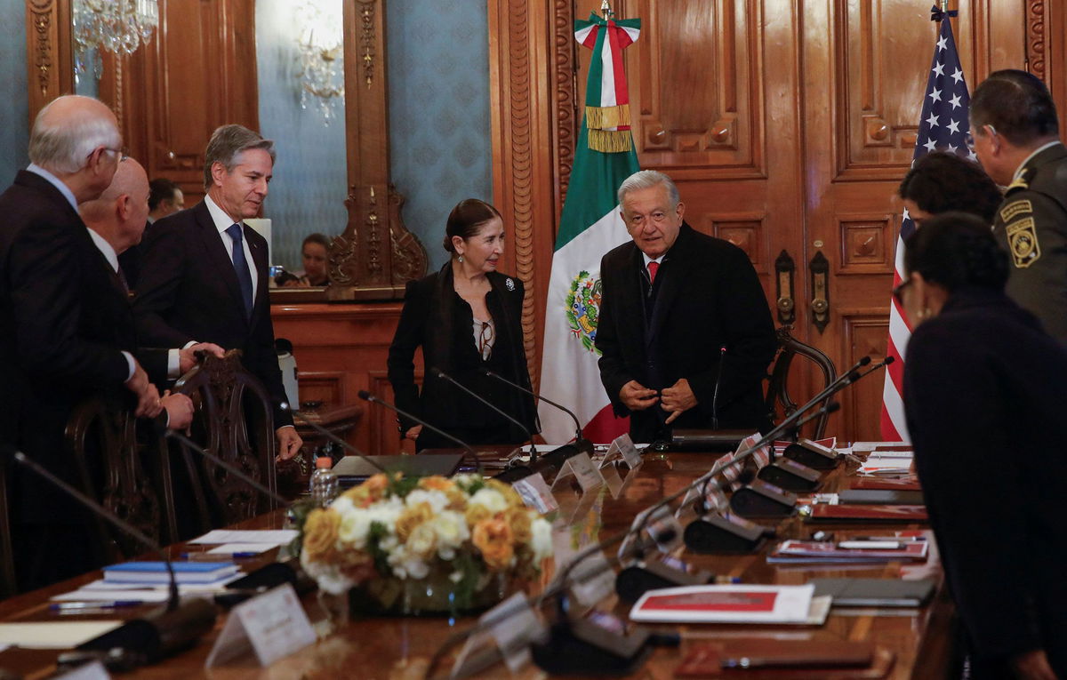 <i>Raquel Cunha/Reuters</i><br/>Secretary of State Antony Blinken and Secretary of Homeland Security Alejandro Mayorkas meet with Mexico's President Andres Manuel Lopez Obrador in Mexico City