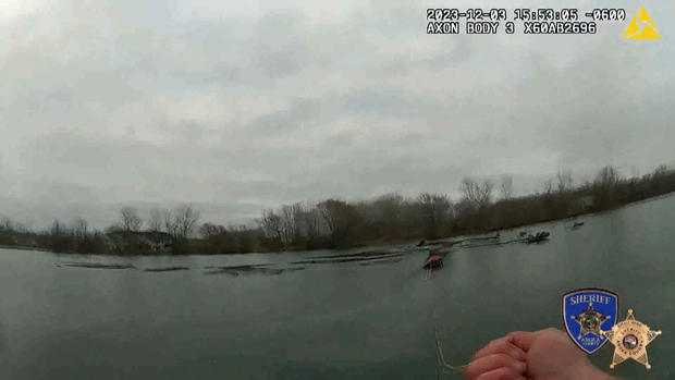 <i>Anoka County Sheriff's Office/WCCO</i><br/>Dramatic footage shows a deputy making a brave save on some thin ice.