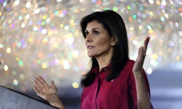 Nikki Haley speaks during a caucus night watch party in West Des Moines