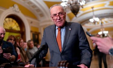 Senate Majority Leader Chuck Schumer meets with reporters at the Capitol in Washington