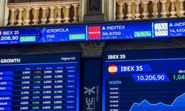 A screen displaying Spain's IBEX 35 stock index at Madrid's Stock Exchange