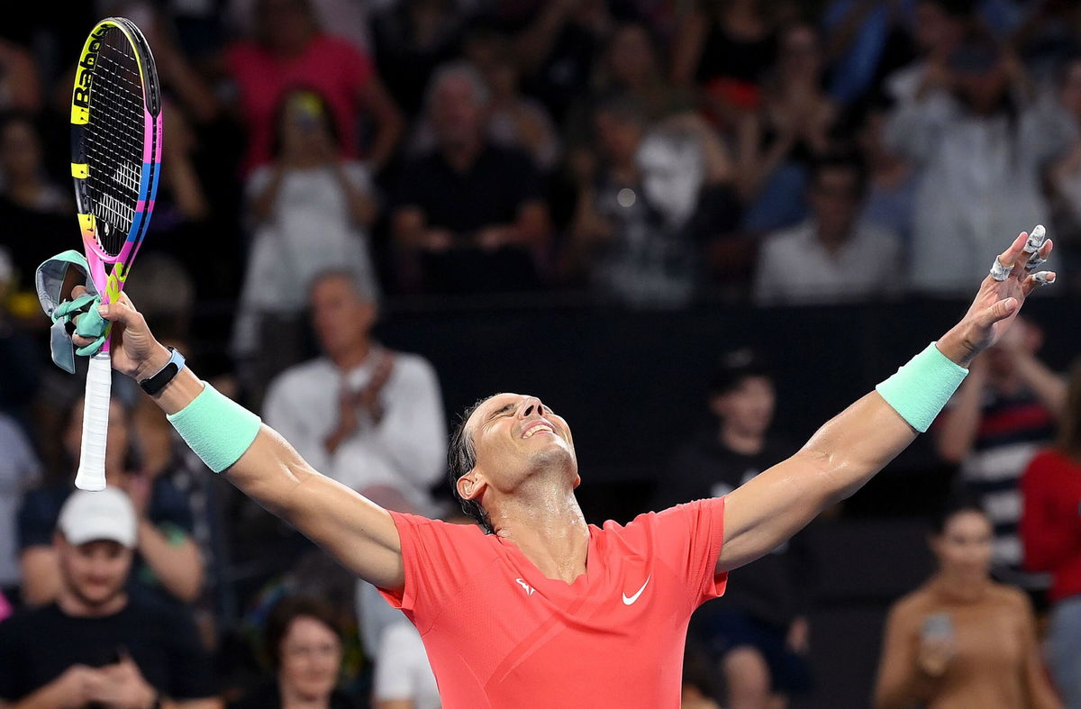 <i>Bradley Kanaris/Getty Images</i><br/>Rafael Nadal celebrates victory after his match against Dominic Thiem on Tuesday.