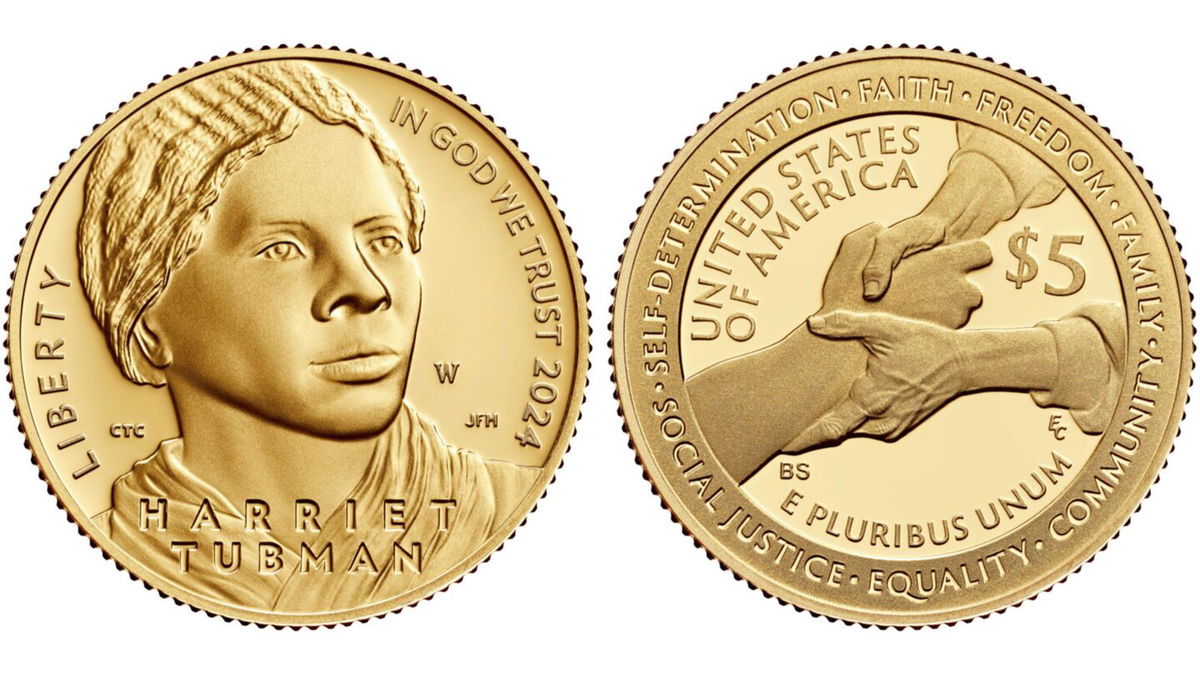 A Harriet Tubman $5 gold coin depicts an older Tubman “gazing confidently into the distance and towards the future” and is inscribed with Tubman’s core values.