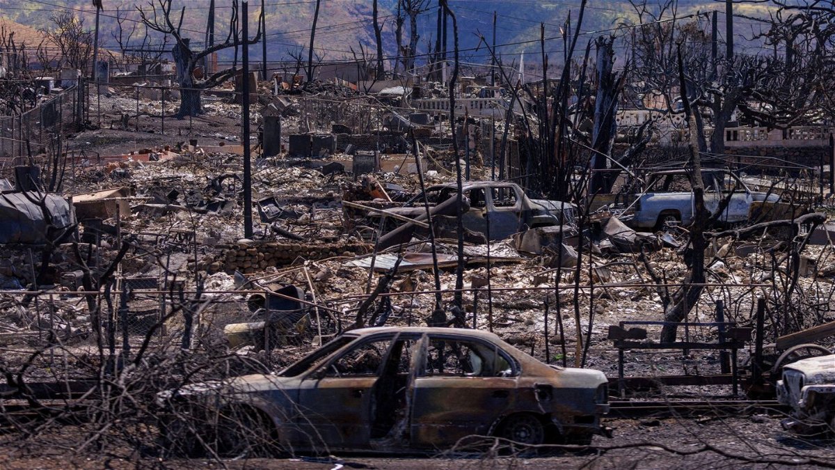 Fire damage in the town of Lahaina on the island of Maui in Hawaii, United States, in August 2023. Extreme weather events are seen as the top global threat over the next decade.