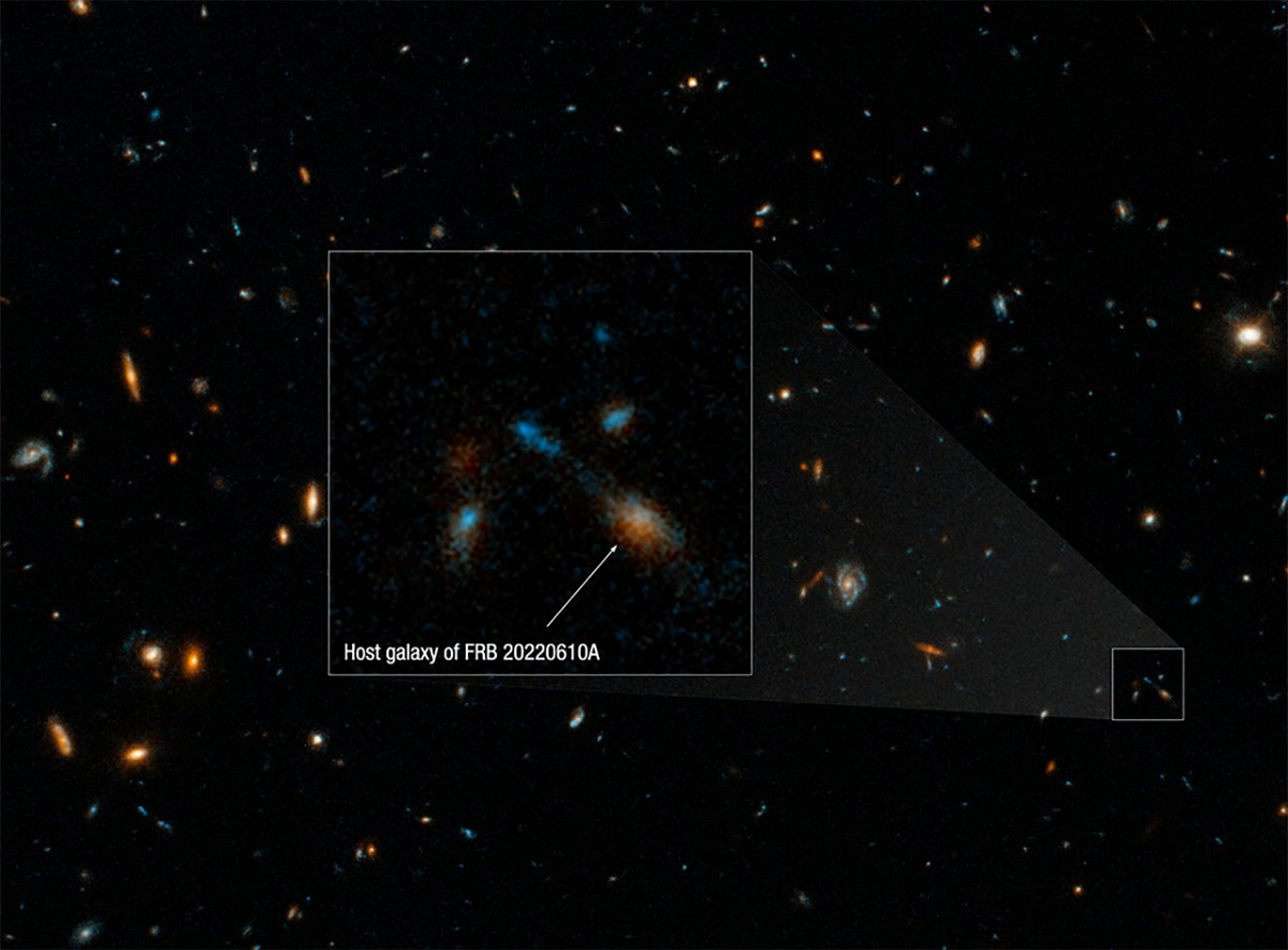 Astronomers used the Hubble Space Telescope to trace a fast radio burst back to a compact group of at least seven galaxies.