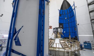 Astrobotic's Peregrine lunar lander is shown as it prepares to be encapsulated in the payload fairing